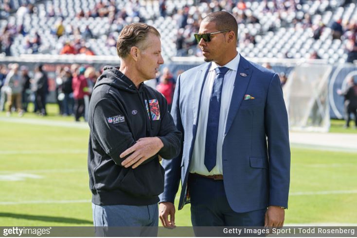 Head coach Matt Eberflus of the Chicago Bears talks to General Manager Ryan Poles before an NFL football game against the Minnesota Vikings at Soldier Field on October 15, 2023 in Chicago, Illinois.